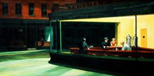 Afbeelding van Homage of Edward Hopper - Nighthawks f92498 60x120cm handgemaltes Ölgemälde Museumsqualität