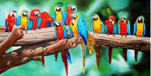 Εικόνα της Modern Art - Tutti Frutti Papageien Party f92523 60x120cm Ölbild handgemalt